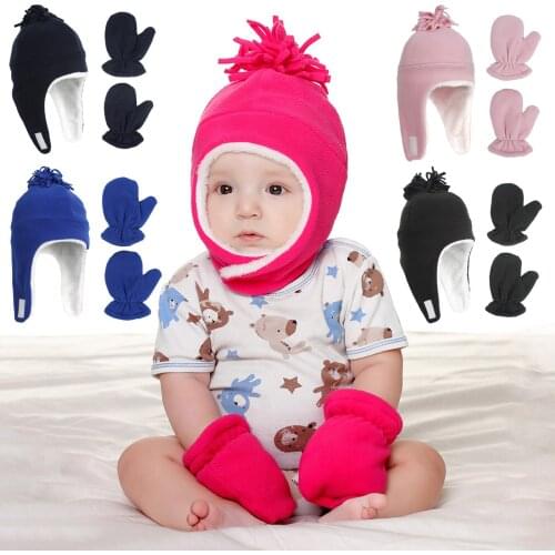 Childrens Hat And Glove Autumn And Winter Polar Fleece Hat Arctic Fleece Baby Warm Hat Gloves Two-piece Plus Fleece Ear Cap Set