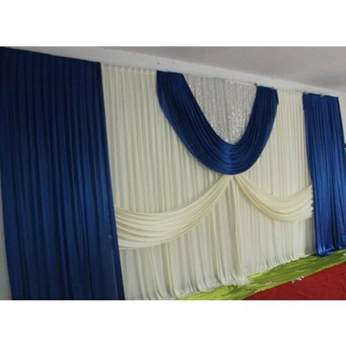 Hotsale Ivory wedding backdrops with royal blue swags stage curtain party decoration size 3M x 6M