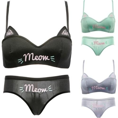 Cat Ears Cosplay Sexy Push Up Lingerie Anime Miku Ruffle Hollow Kawaii Bra Fashion Briefs Set Embroidery Footprints Ear/Choker