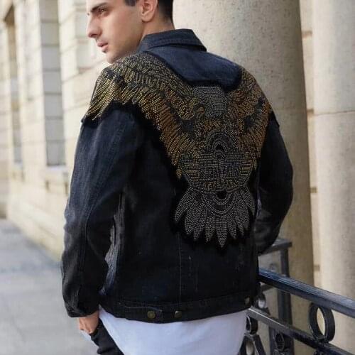 Hip Fashion Mens Hop Denim Jacket Streetwear Coat Couples Casual Hip Hop Baseball Collar Eagle Printed Broken Hole Jean Jacket