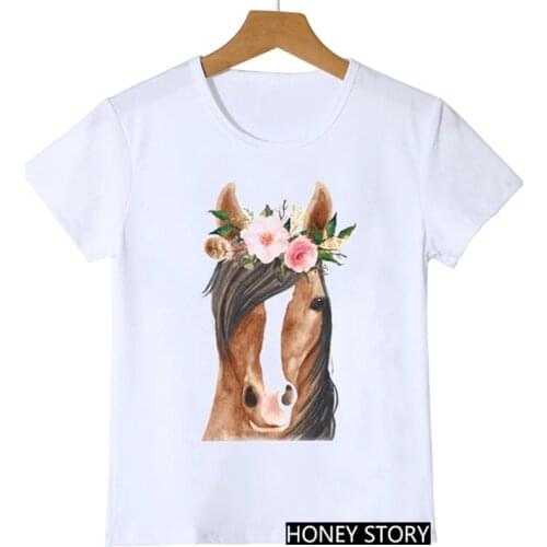 Cute Flower Horse/Penguin/Dog/Fox/Bear/Alpaca/Flamingo/Owl/Pig Animal Print T-shirts for Girls Funny Kids T shirt Girl Clothes