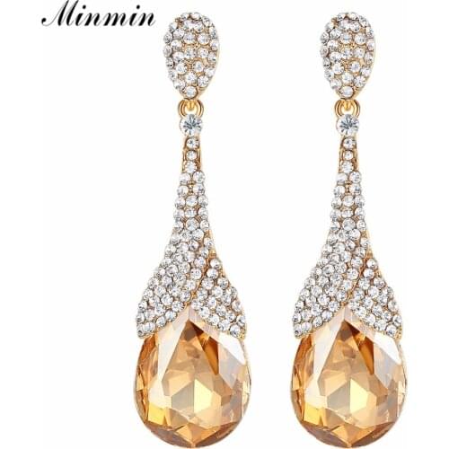 Minmin Gold / Silver Color Crystal Big Teardrop Long Earrings for Woman 2019 New Fashion Rhinestone Wedding Party Jewelry EH1085