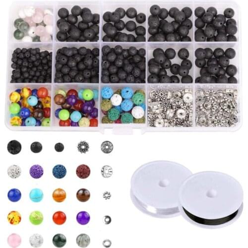New Stone Beads Kits 8mm Loose Beads Gemstone Natural Lava Stone With Accessories DIY Jewelry Findings Components Making