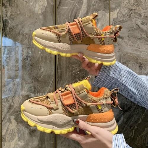 New womens Shoes spring autumn 2021 mesh breathable student casual Sneakers trendy yellow soft Shoes female Flats Lace-Up women