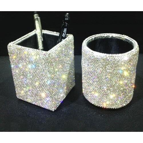 Pen Holder Bling Bling Spark Crystal Makeup Brush Eyebrow Pencil Round Organizer Stand Cup Decorative Storage Box For Office Use