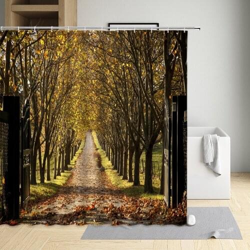 Autumn Forest Shower Curtain Sets Foggy Flowers Creek Trees Natural Landscape Bathroom Home Decor Curtain Waterproof With Hooks