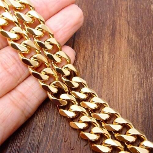 Granny Chic New 15mm 7"-40" Yellow Gold Color Fashion Curb Link Chain Necklace Stainless Steel Mens Jewelry High Quality