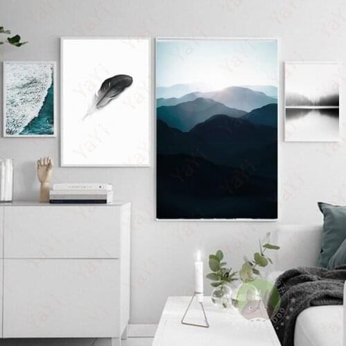 Landscape Sea Mountain Feather Picture Home Decor Poster Print Nordic Canvas A Painting Living Room Wall Picture DIY No Framed
