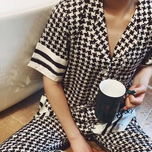 Houndstooth Pyjamas Women 2021 New Summer Pijamas Set Silk Stain Sleepwear Pajamas for Women Pijama Feminino Pyjama
