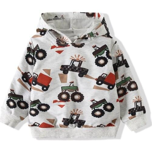 Kimocat Boys Casual Long-Sleeved Top, Cartoon Car Print Long-Sleeved Hoodie, Spring And Autumn Childrens Clothing 0-5Years