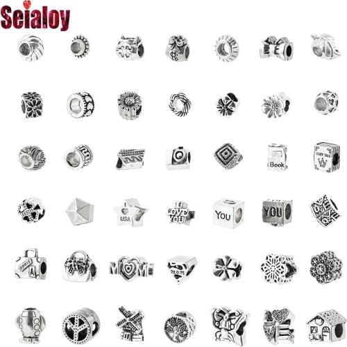 Seialoy Dropshipping Silver Color Heart Beads Charm Fit Bracelet & Necklace For Women Jewelry Accessory Beaded BD0201-0240