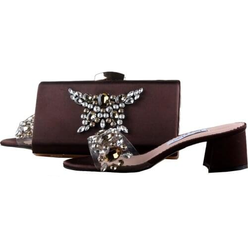 BS1201 Custom Made African Rhinestones Block Heel Low Heel Coffee Brown Women Slipper Sandals Wedding Shoes Women Slides