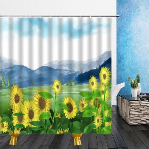 Cartoons Landscape Shower Curtains Yellow Sunflower Green Plants Field 3D Bathroom Home Decor Waterproof Polyester Cloth Curtain