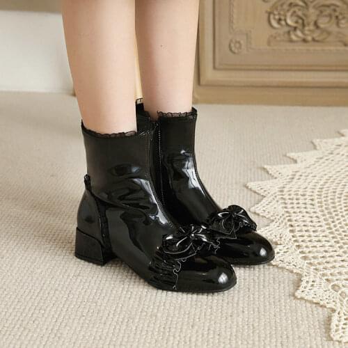 2021 Ankle Boots for Women Med Heels Lace Womens Ankle Boots Pink White Sweet Boots Winter Shoes Woman Large Size 48