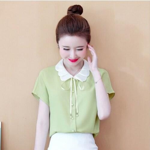 Women Spring Summer Style Chiffon Blouses Shirts Lady Casual Short Sleeve Peter Pan Collar Blusas Tops ZZ0621