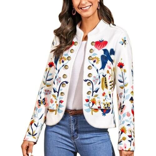 Women Casual Open Front Cardigans Jacket Floral Stand Collar Short Outwear Tops Button Print Double-breasted Long Sleeve Blazer