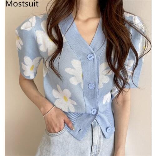 Floral Knitted Women Cardigan Knitwear Summer Short Sleeve V-neck Single Breasted Sweater Tops Korean Vintage Elegant Jumpers