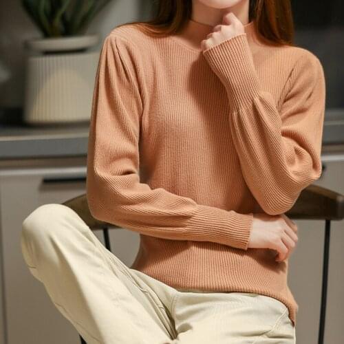 Autumn and winter new half high neck knitted pullover women loose sweater solid color large size wild long-sleeved bottoming top