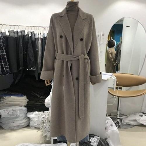 Casual Coat Women Long Sleeve Office Wear Elegant Long Coats Double Breasted Belted Solid Color Wool Blend Jacket Coat Outwear