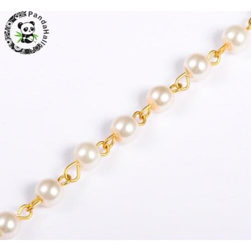 39.3" 6mm Handmade Round Glass Pearl Beads Chains for Neckalces Bracelets Making with Golden Iron Eyepins Beige