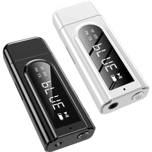 2 IN 1 Bluetooth 5.0 Receiver Car LED Transmitter Aux FM Modulator TF Card Reader with Microphone Hand Free Calling 3.5MM Cable