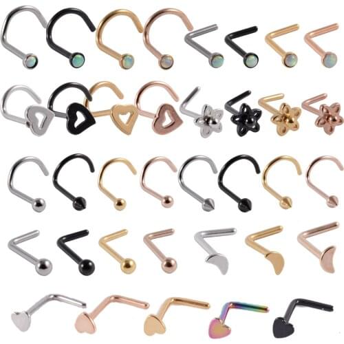 4PCS/Lot Surgical Steel Bone Nose Stud Piercing Anodized Black Gold Opal Curved Nose Ring Ball Heart Earring Body Jewelry 20G
