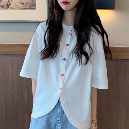 40# Womens Retro Blouses Top Cotton Linen Loose Color Button V-neck Short Sleeve Blouses Korean Style Elegent Plus Size Shirts