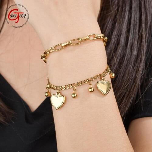 Goxijite Boy Girl Love Heart Cross Double Layer Bracelet For Women Stainless Steel Gold Cute Charm Bangle Bracelet Jewellry Gift