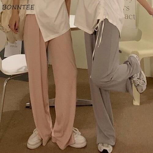 Pants Women Loose Side-slit Breathable Solid Sweet Girls Kawaii Student Wide Leg Elastic Waist Ulzzang Chic Casual Fashion New