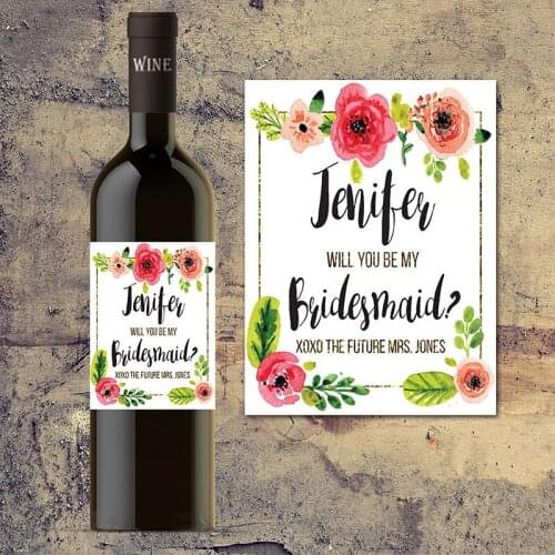 Custom bridesmaid invitation Wine Bottle Label,Will You Be My Bridesmaid, Maid of Honor Proposal,Green leaf rose invitation