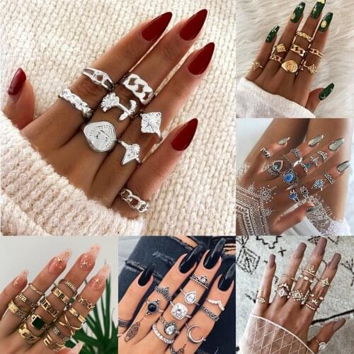 2021 Bohemian Rings Crystal Star Crown Cross Snake Drops Geometry Gold Ring Set Charm Joint Ring Fashion Jewelry