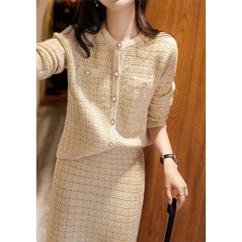 Womens suit autumn 2020 new temperament cardigan + slim bag skirt wool and cashmere knitted two-piece suit