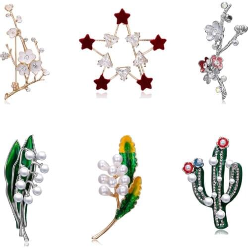Creative Fashion Plant Pins and brooches Jewelry Cactus Flower Leaf pearl Enamel Brooch Pin Badge Coat Decoration For Women Gift