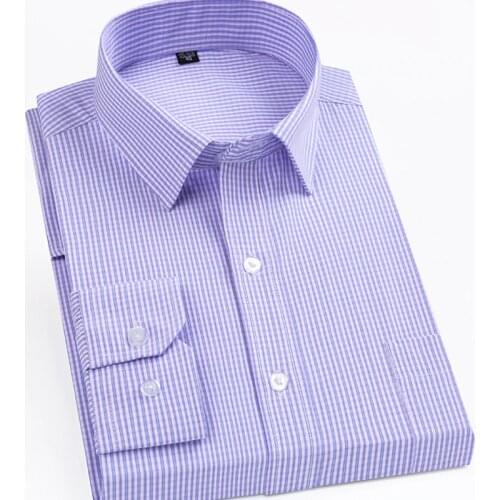 Anti-Wrinkle Men plaid shirts regular fit long sleeve Casual dress checkered shirt Mens purple Striped Clothing 2020 New Trend