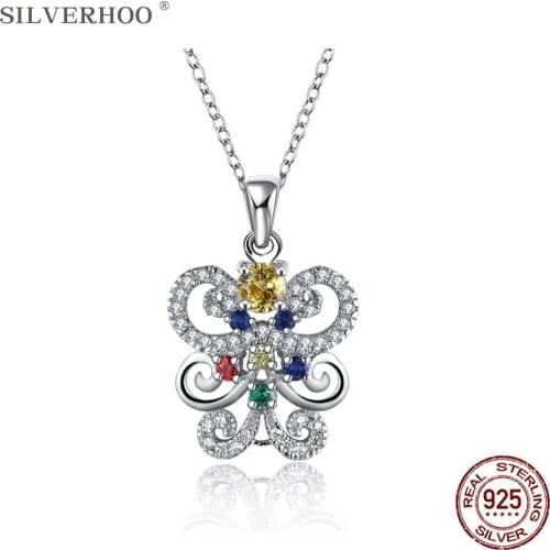 SILVERHOO 100% 925 Sterling Silver Full CZ Cute Elephant Animal Pendant Necklaces For Women Dazzling Zircon Necklace Jewelry