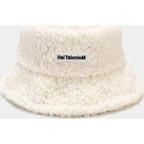 Women Korean Lamb Faux Fur Bucket Hat Warm Teddy Velvet Winter Hats Version Of Simple Letter Embroidery Outdoor Fisherman Hat