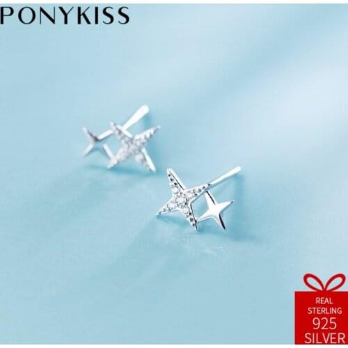 PONYKISS Romantic 100% 925 Sterling Silver Zircon Stars Stud Earrings Women Prevent Allergy Fine Jewelry Wedding Party Gift