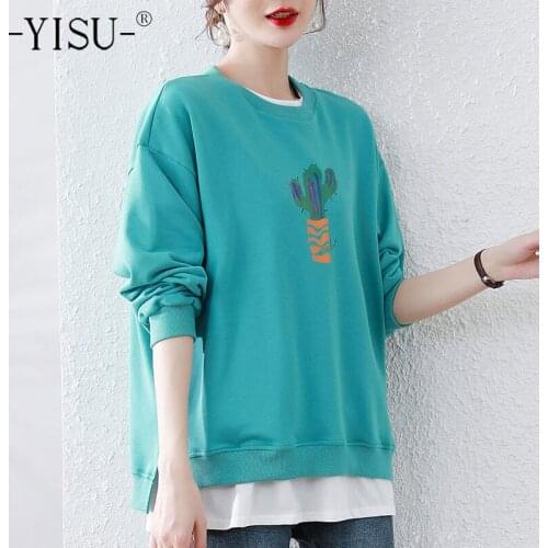 YISU 2021 Simplicity Women Loose Sweater Autumn O-Neck Tops printing Female Knitted pullover Long sleeve Jumper Women clothing