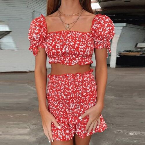 Puff Sleeve Ruffles Women Sets Female Dot Printed Square Collar Ruffles Crop Top and Skirt Elegant Fashion 2 Piece Sets