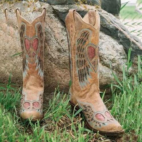 Women mid-calf boots high heels chaussure vintage PU leather plus size western cowboy shoes woman zapatos mujer sapato D1346