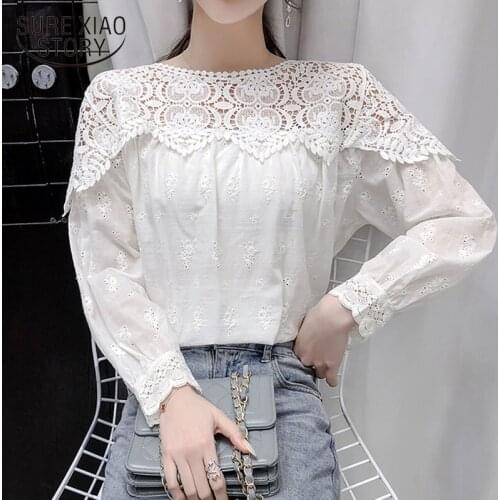 Spring Lace Hollow White Blouse Women New Plus Size Cotton Vintage Shirts Female Casual Office O Neck Splicing Tops Blusas 13293