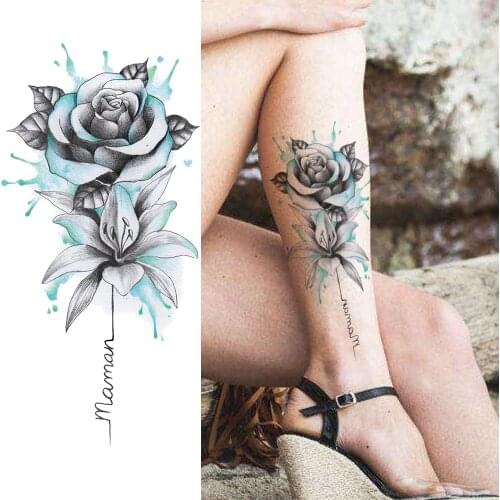 Watercolor Flower Temporary Tattoos Sticker Realistic Fake Rose Waterproof Tattoo For Women Girl Body Art Drawing Legs Arm Tatoo