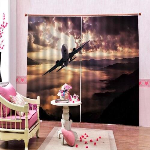 Customized 3D Blackout Curtains with Hooks Colorful Commercial Airplane on Sunset Sky Aircraft Jet Scenic Orange Plane Drapes
