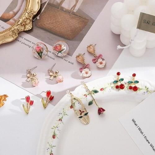 New Fashion Bow Tulip Flower Earrings for Women Girls Spring Rose Pendant Dangle Earring Jewelry Accessory Sweet Drop Earrings