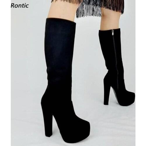 Rontic Handmade Women Winter Platform Knee Boots Unisex Side Zipper Chunky Heel Round Toe Elegant Black Party Shoes US Size 5-20