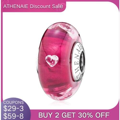 ATHENAIE Authentic 925 Sterling Silver Cerise Pink Murano Glass Beads CZ Heart Charms Fit Bracelet Women Valentines Day Gift