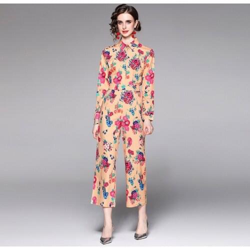 New Spring Vintage Printed Floral Blouse Trousers Suits Women Long Sleeve Single-Breasted Shirt Top + Wide Leg Pants 2 Piece Set