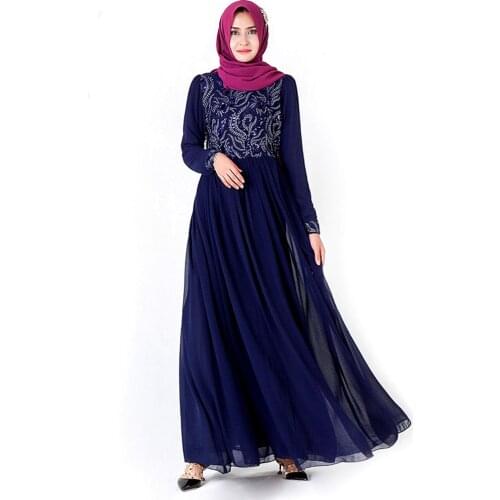 Y023 Womens Long Dress Abaya Modest Clothing Muslim Kebaya Sequin 3D Embroidery Islam Chiffon Clothes Lace Without Hijab Scarf