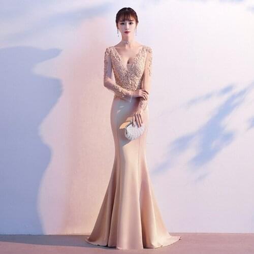 Champagne Long Mermaid Prom Dresses 2021 Sexy Deep V-Neck Embroidery Appliques Evening Party Gown Dress Vestidos