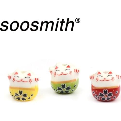 Cute Cat Shaped Ceramic Beads For Needlework Straight Hole Large Charms Beads Bracelets Necklace Handicraft Accessories